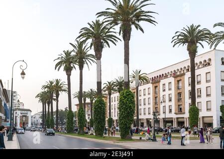 Palmen säumen die Avenue Mohammed V im Stadtteil Ville Nouvelle in Rabat, Marokko Stockfoto