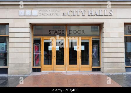 Bühneneingang in den City Halls in Glasgow, Schottland, Großbritannien Stockfoto