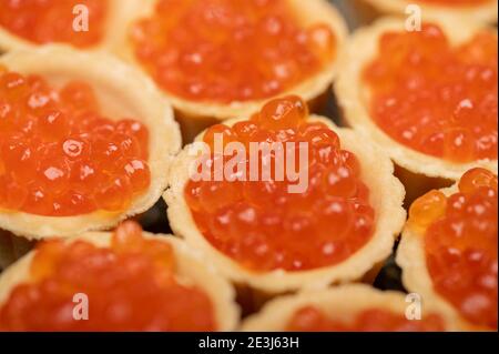 Tartlets mit Lachskaviar auf einer Platte. Nahaufnahme, selektiver Fokus Stockfoto