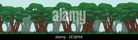 Leuchtend grüne Cartoon-Bäume oder Wald mit Gras. Nahtloser Rahmen auf blauem Hintergrund Stock Vektor