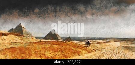 Pyramiden in der sandigen Wüste. Dunkle Wolken am Himmel. Künstlerische Arbeit zum Thema antike Architektur Stockfoto