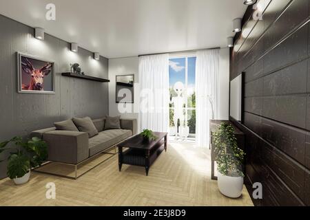 Alien Grey außerhalb des Wohnzimmers 3d-Illustration Stockfoto