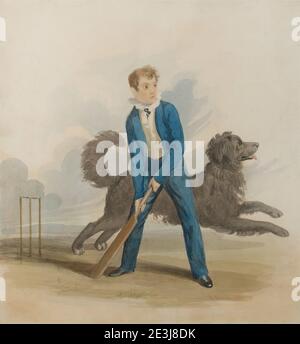 Aquarellmalerei des Jungen, der Cricket mit Hund neben ihm spielt. Unsigniertes Gemälde Stockfoto