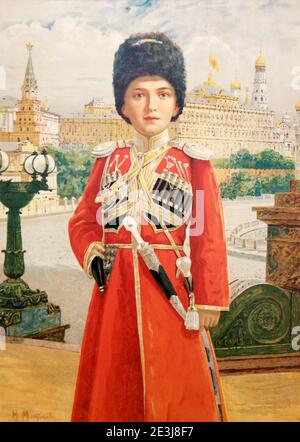 Porträt des russischen Erben Zarewitschs Alexej Nikolajewitsch in der Uniform eines Offiziers der eigenen Eskorte seiner kaiserlichen Majestät. Porträt von 1910. Stockfoto