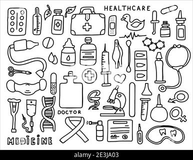 Medizinisches Doodle Poster mit Medikamenten, Reagenzgläsern und einem Thermometer. Großes Apothekenset. Vorlage für eine Werbung, Muster oder medizinische Fernberatung für Erwachsene und Kinder. Vektor-Illustration-Karte mit handgezeichneten Bildern. Bild mit DNA, Tropfen, Stelzen, Antibiotika, Mikroskop, Heißwasserflasche, Pinzette, Salbe, Spritze, Bluttransfusion, Kolben. Stock Vektor