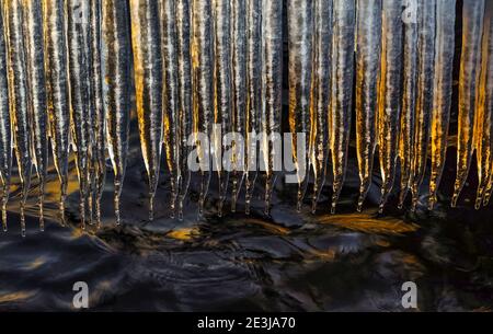 Eine Reihe Eiszapfen über dem See. Sie wurden von der Abendsonne beleuchtet und sahen wunderschön und romantisch aus. Stockfoto