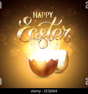 Gebrochenes goldenes osterei mit Lichtstrahlen auf goldenem Hintergrund. Bokeh Licht und Blendung von einer rissigen goldenen Schale. Frohe ostern Konzept. Vector, SPA Stock Vektor
