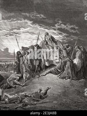 Der Tod Ahabs. Nach einem Werk von Gustave Dore aus dem 19. Jahrhundert. Ahab, König von Nord-Israel. ? - c. 852. Hier schildert Dore ihn, wie er in seinem Wagen stirbt, nachdem er in seinem Krieg gegen die Aramäer von einem Pfeil getroffen wurde. Stockfoto
