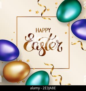Titel Frohe Ostern im Rahmen. Goldene und bunte ostereier auf hellem Hintergrund mit goldener Serpentin und Konfetti. Grußkarte. Einladung zurück Stock Vektor