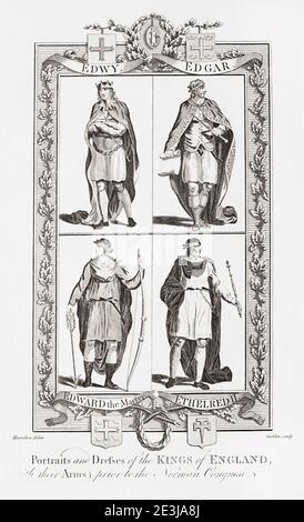 Vier frühe englische Könige. Edwy, Edgar, Edward der Märtyrer, Ethelred II. Stich aus der Neuen, unparteiischen und vollständigen Geschichte Englands von Edward Barnard, veröffentlicht in London 1783. Stockfoto