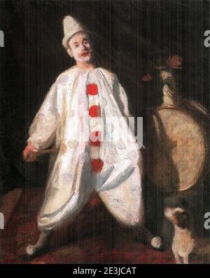 Kunstwerk mit dem Titel Clown des ungarischen Künstlers Károly Ferenczy. Der Clown trägt sein baggy weißes Outfit mit großen auffälligen roten Knöpfen. Stockfoto