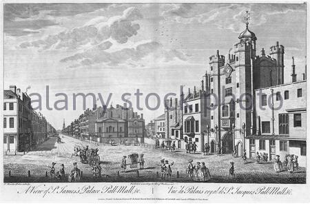 Ansicht des St James's Palace, Pall Mall London, Vintage Illustration von 1770 Stockfoto