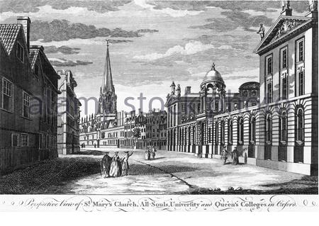 Ansicht der St Mary's Church, All Souls University und Queens Colleges, Oxford England, Vintage Illustration aus dem 19. Jahrhundert Stockfoto