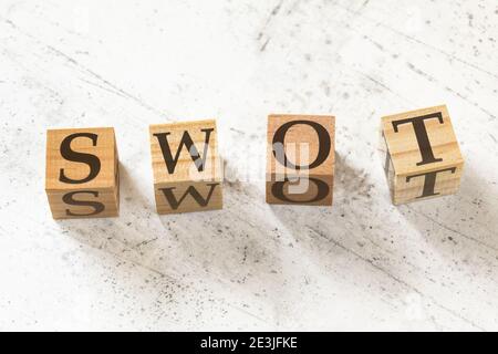 Vier Holzwürfel mit den Buchstaben SWOT (Stärke, Schwäche, Chance und Bedrohungsanalyse) auf weißem Arbeitstafel. Stockfoto