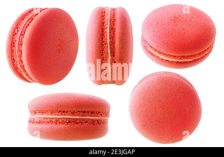 Isolierte rote Macarons Kollektion. Erdbeer- oder Himbeer-Makronen in verschiedenen Winkeln isoliert auf weißem Hintergrund Stockfoto