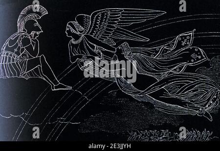 Flaxmans Skizzen illustrieren Homers Iliad Venus Wounded unter der Leitung von Iris zum Mars. Diomed warf seinen Speer gegen Mars. Diese Szene ist eine von mehreren Entwürfen, die der englische Bildhauer und Zeichner John Flaxman (1755–1826) zur Illustration von Passagen aus dem griechischen Epos Homers Iliad and Odyssey gemacht hat, einem auftrag, den Georgiana Hare-Naylor während seines Aufenthalts in Rom gegeben hatte. Sie stellt Venus dar, die von Iris verwundet und zum Mars geführt wurde. Es wurde 1793 getan. Stockfoto