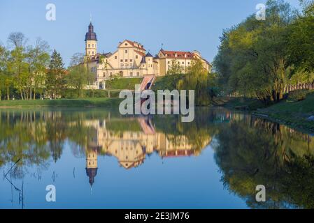 Blick auf das Schloss Nesvizh von der Seite des Burgteiches an einem sonnigen Maimorgen. Weißrussland Stockfoto