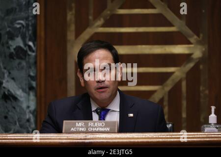 WASHINGTON, DC - 19. JANUAR: Senator der Vereinigten Staaten Marco Rubio (Republikaner von Florida), amtierender Vorsitzender des Select Committee on Intelligence, spricht mit Avril Haines während ihrer Bestätigungsverhandlung vor dem Senate Intelligence Committee, um am 19. Januar 2021 in Washington, DC der Direktor des nationalen Geheimdienstes des designierten Präsidenten Joe Biden zu sein. Haines war zuvor stellvertretender Direktor der CIA und stellvertretender nationaler Sicherheitsberater in der Obama-Regierung. Quelle: Joe Raedle - Pool via CNP /MediaPunch Stockfoto