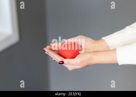 Eine Frau, die ein rotes Herz zwischen ihren Händen hält. Alles Liebe zum valentinstag, rote Farbe, Herz-Symbol, isolierte Hintergrund Stockfoto