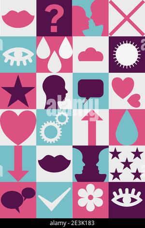 Psychische Gesundheit geometrische Hintergrund. Symbole, die menschliche Emotionen für Wandposter, Drucke, Social Media, Apps, Banner. Vektor. Stock Vektor