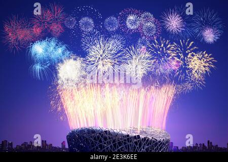 Feuerwerk über dem Nationalstadion hohe Qualität Foto Stockfoto