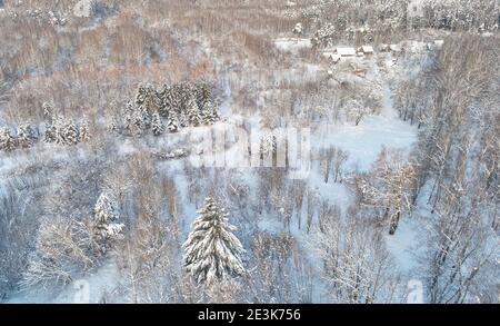 Dorf im Winter Wald Hintergrund Luftdrohne Draufsicht. Frostige Landschaft Stockfoto