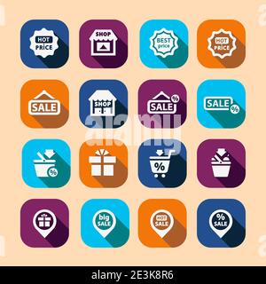 Lange Schatten Shopping Vektor Icons Set. Stock Vektor