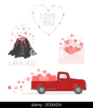 Set von niedlichen Bildern für Valentinstag. Rote Pickup-Truck mit Herzen, Liebe Umschlag, Vulkan Liebhaber, und Herzen Konstellation. Karten für einen Heiligen Stock Vektor