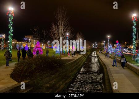 Johnson City, Tennessee, USA - 20. Dezember 2020: Weihnachtsbäume und Lichter in der Nacht im Founders Day Park. Stockfoto