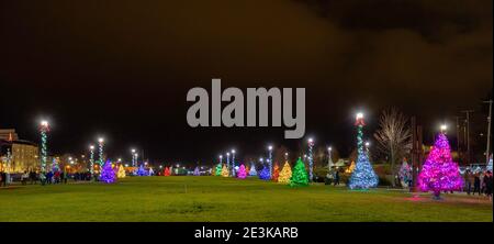 Johnson City, Tennessee, USA - 20. Dezember 2020: Weihnachtsbäume und Lichter in der Nacht im Founders Day Park. Stockfoto