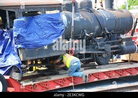 Die Wanamie Mine Railroad # 9 Lokomotive (LOKIE) gezeigt, die in den Miners' Memorial Park in Ashley, Pennsylvania am Donnerstag geliefert 25,2020. Juni und auf den Schienen im Park um 4:50 Uhr platziert. Stockfoto