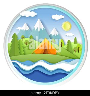 Touristisches Zelt am Flussufer, Wald und Berglandschaft. Vektor-Illustration in Papier Kunst Handwerk Stil. Camping im Sommer. Stock Vektor