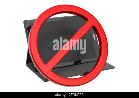 Verbotenes Zeichen mit Tablet-Computer. 3D-Rendering auf weißem Hintergrund isoliert Stockfoto