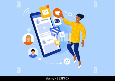 Glückliche junge Frau mit Social Media Apps auf ihrem Smartphone Und Inhalte online teilen Stock Vektor