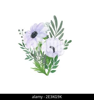 Weiße Anemone Blumenstrauß zarte Aquarell florale Illustration im Vintage-Stil, perfekt für Grußkarte, Banner, Hochzeit Einladung und Zugang Stockfoto