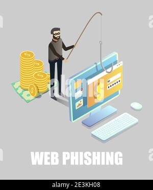 Isometrische Cyber-Dieb Hacking Bankkonto Kartendaten vom Computer mit Angelrute, Vektor-Illustration. Web-Phishing. Stock Vektor
