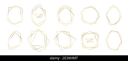 Vektor-Set aus goldenen Polyeder-Rahmen. Abstrakte geometrische dünne Linien Bordüren für Einladungen, Hochzeit, Premium-Dekor Stock Vektor