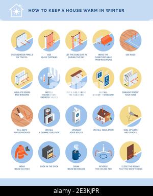 So halten Sie Ihr Haus warm im Winter Symbole gesetzt, energiesparend und Haus Isolierung Konzept Stock Vektor