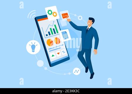 Glücklicher Geschäftsmann vernebeln online und mit finanziellen Apps auf seinem Smartphone Stock Vektor