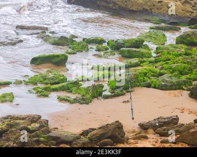 Grüne moosige Felsen am Meer und eine Fischerstange Stockfoto