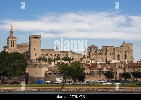 Kathedrale von Avignon und Papstpalast in Avignon, Region Provence-Alpes-Côte d'Azur, Frankreich, Europa, Blick vom Ufer des Flusses Rhône Stockfoto