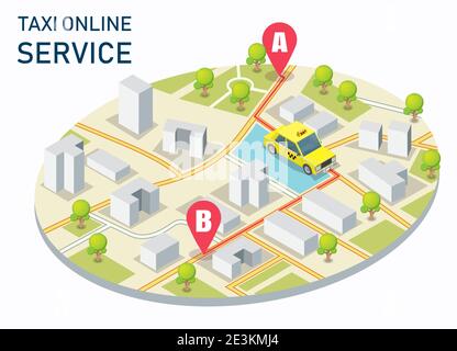 City Taxi Online-Service Vektor Konzept Illustration. Isometrischer Stadtplan mit gelbem Taxi, Ortsnadeln. Stock Vektor