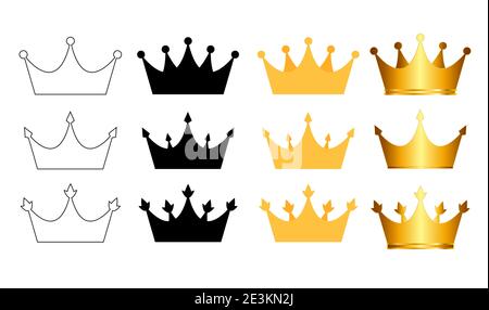 Prinzessin Golden und Black Crown Icon Collection Set isoliert auf Vektorgrafik mit weißem Hintergrund Stock Vektor