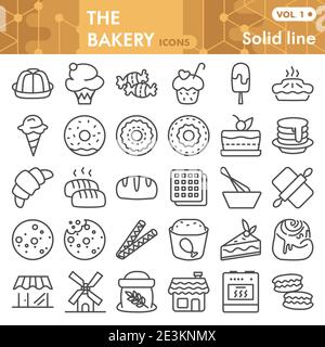 Bäckerei Linie Icon-Set, Gebäck Symbole Sammlung oder Skizzen. Dessert Zeichen für Web, lineare Stil Piktogramm Paket isoliert auf weißem Hintergrund Stock Vektor