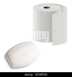 Toilettenpapierrolle mit Seifenstück, Vektor-Mockup-Illustration. Realistische solide Bar mit Küchentuch Zylinder Pack für Gygiene. Wellness- oder Badkosmetik d Stock Vektor