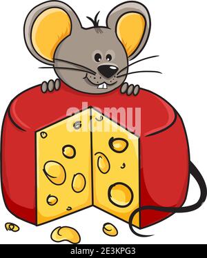 Cartoon Maus hält einen Keil Käse Stock Vektor