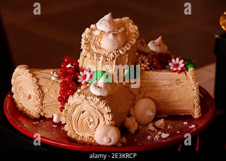 Traditionelles Weihnachtsdessert, Weihnachts-yule-Torte mit Schokoladencreme und Preiselbeere Stockfoto