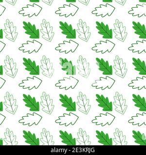 Eichenblätter und ihre Umrisse auf weißem Hintergrund. Nahtloses Vektor-Muster mit Eichenblättern. Einrichtung im saisonalen Wald. Stock Vektor