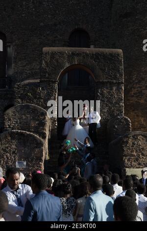 Gondar, Äthiopien - der Fasilidas Palast oder die Burg von Fasilidas wurde im 17. Jahrhundert von Kaiser Fasilidas in Auftrag gegeben. Es ist eine beliebte Website für Weddi Stockfoto