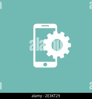 Smartphone Silhouette mit Ausrüstung. Flache Vektorgrafik isoliert auf Puderblau. Service, Repaire, Hilfe, Einstellungssymbol. Stock Vektor